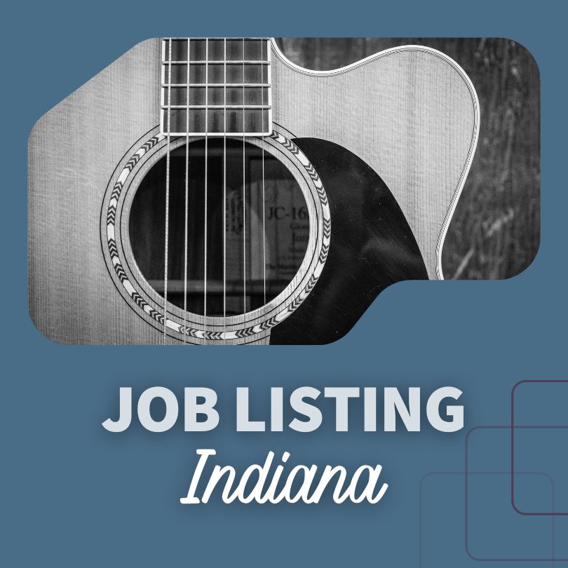 A black and white picture of a guitar on a blue background that reads, Job Listing Indiana