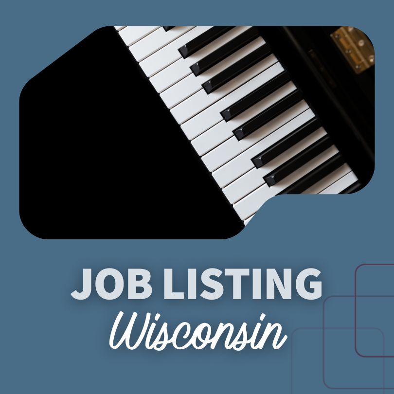 A picture of a piano with a blue background and the text, Job Listing Wisconsin