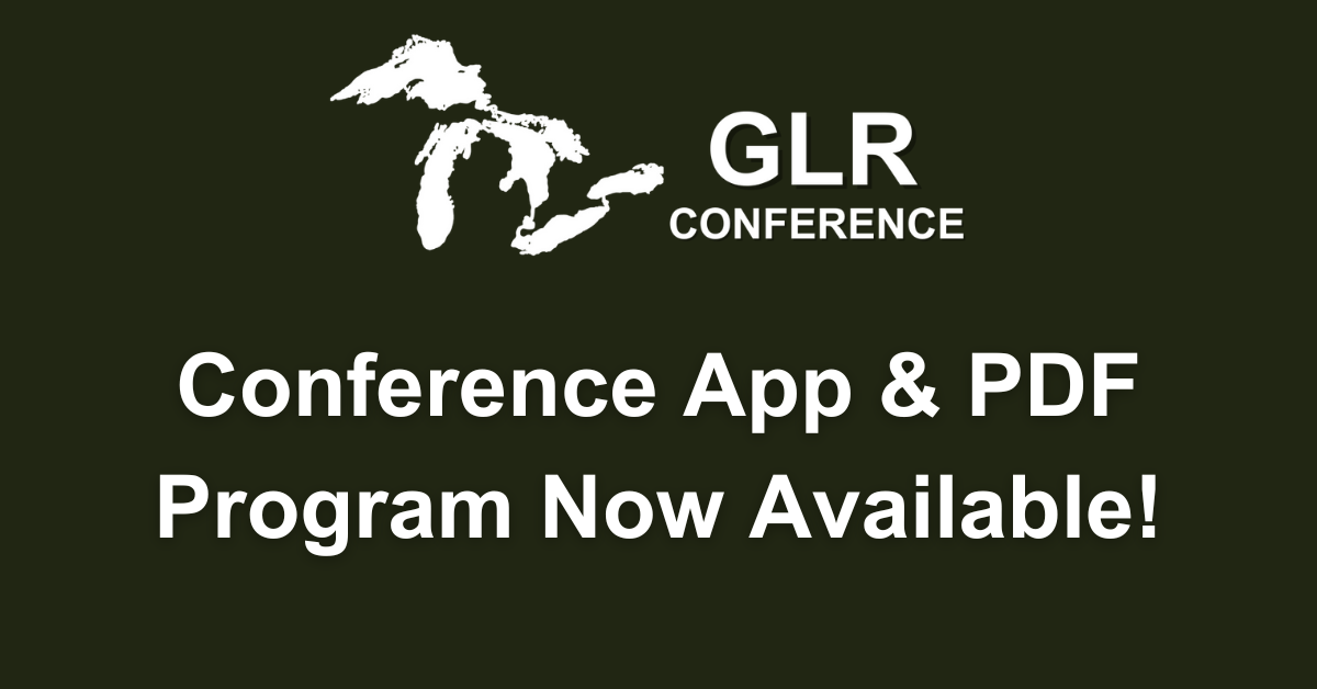 Dark green rectangle with an image of the Great Lakes at the top and text next to it saying "GLR Conference. Text below the image states "Conference App & PDF Program Now Available!"