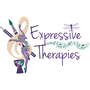 The Expressive Therapies logo features the text "Expressive Therapies" in purple, accompanied by a dancer, a treble clef, a pencil, a paintbrush, a drum, and green musical notes. A dragonfly appears above the text in purple.