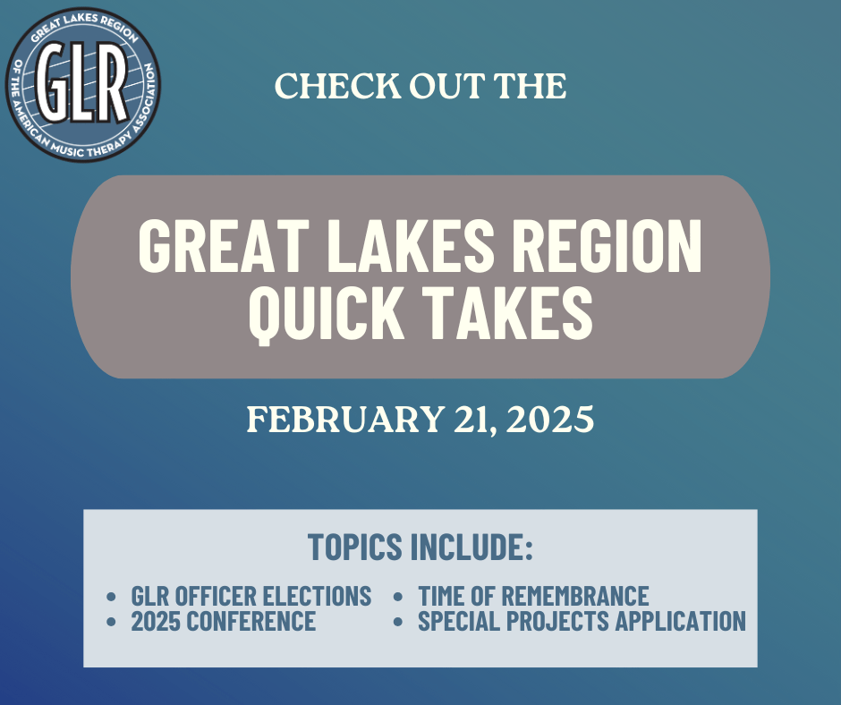 Light Blue Background with a grey oval in the middle and the text "Check out the great lakes regions quick takes February 21, 2025" below there is a pale blue box with "Topics include: GLR Officer elections, 2025 conference, time of remembrance, and Special projects applications"