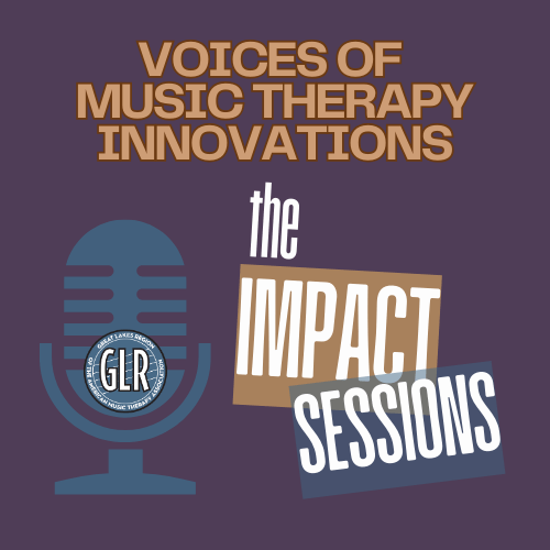 a square with purple background and a centered title "voices of music therapy innovations." There is a blue microphone with the GLR logo on the left side and the text "The Impact Sessions" on the right side.